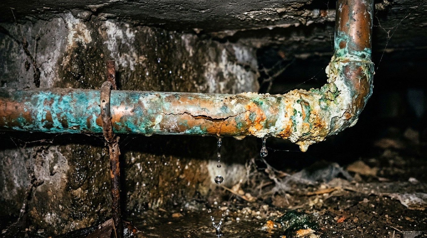 Corroded Leaking Foundation Pipe Before Replacement